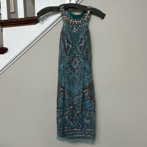 Sherri Hill Teal and Silver Embellished Midi Dress